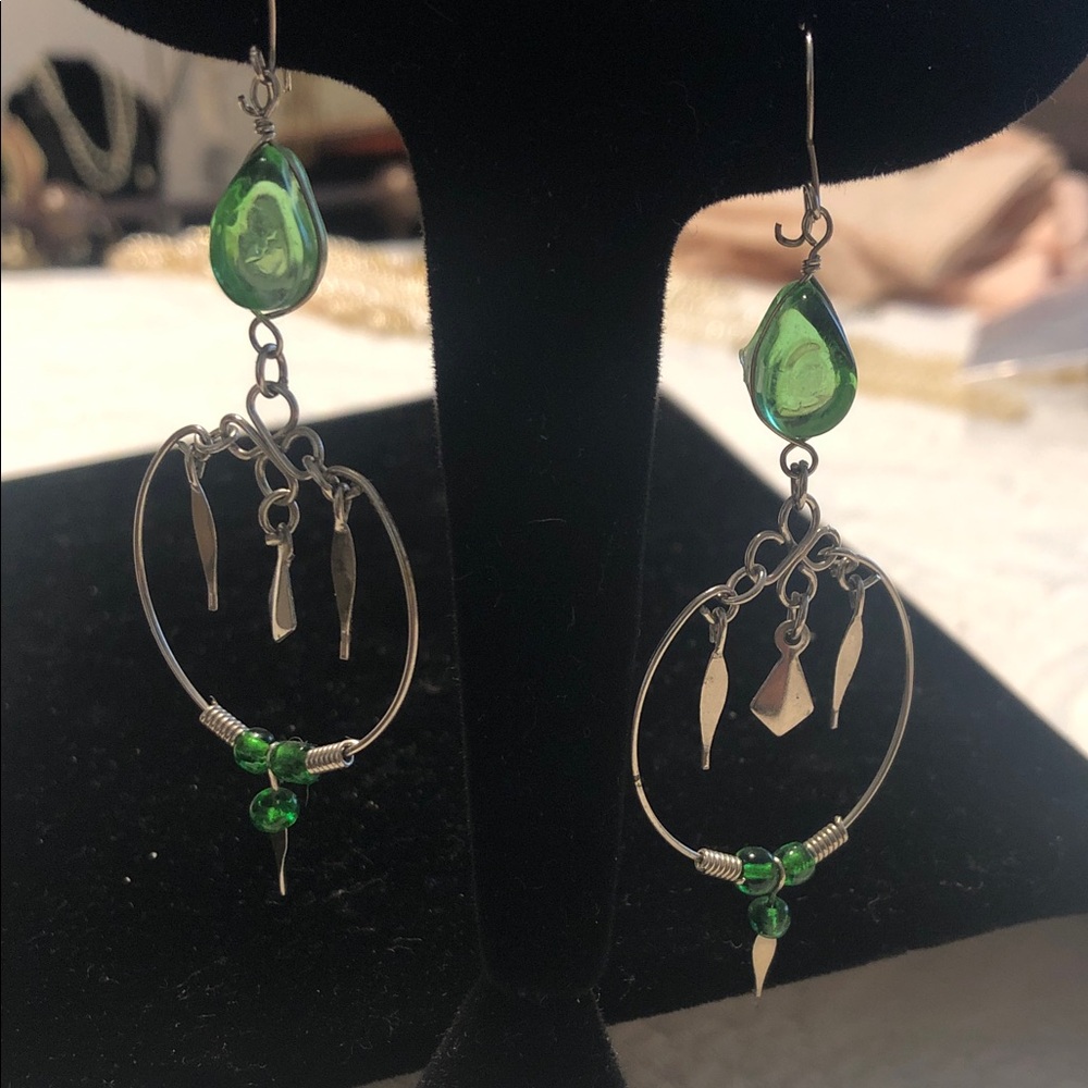 Peruvian Murano Style Green Glass Earrings Alpaca Silver Green Hoops